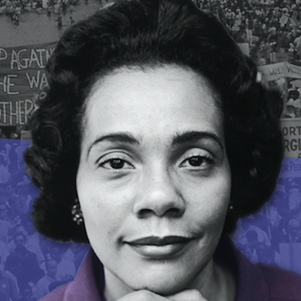 Close portrait of Coretta Scott King with a wash of purple color, and grayscale images of civil rights protests in the background