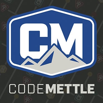 Logo for CodeMettle with mountains in the foreground
